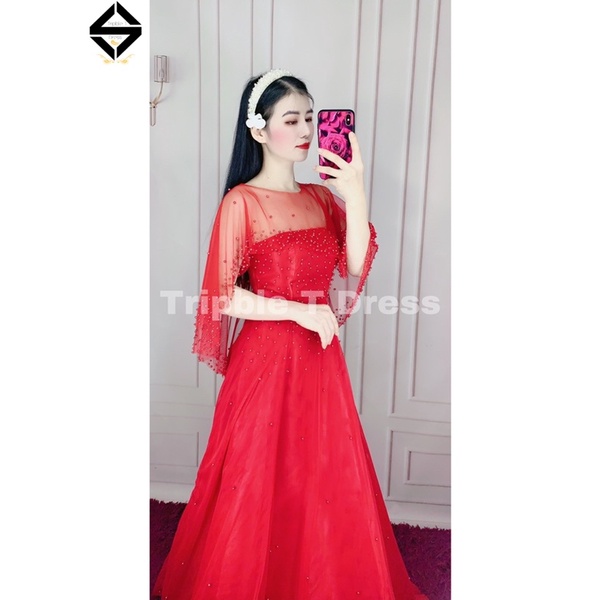Đầm maxi mặc cưới cúp ngực phối áo choàng cườm ngọc rời TRIPBLE T DRESS - size M/L - MS195Y