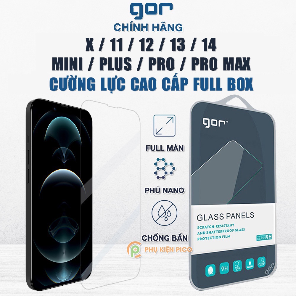 Kính cường lực Iphone 14 Pro Max / 15 Pro Max / 13 Pro / 12 Mini / 11 Pro Max / SE 2020 chính hãng Gor full màn hình