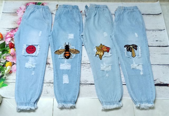 Combo 2 quần baggy jean tua rua họa tiết hình dán siêu cute( mẫu khách chọn ib hoặc shopee live)