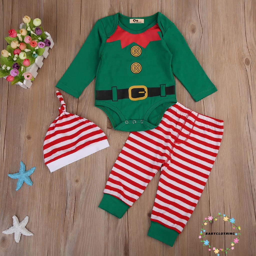 ღWSVღChristmas Newborn Kids Baby Boys Girls Romper Pants Hat Outfits Set Clothes 3Pcs