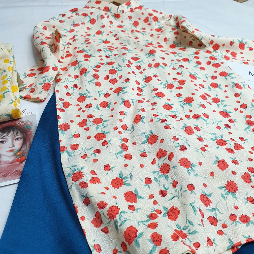 Set Áo Dài Hoa Nhí Cho Bé Gái Và Mẹ Hạ Vy Hoa Hồng Mon