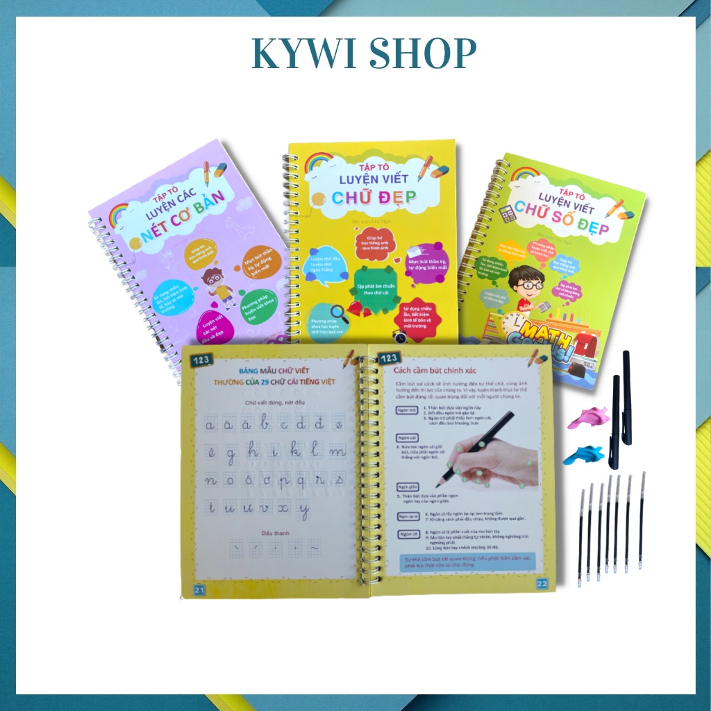 Combo 3 Vở Tập Tô Luyện Viết Chữ Đẹp, Số, Nét Cơ Bản, Tập Viết Thần Kỳ Tự Xoá, Tặng Kèm 2 Bút, 6 Ngòi Bay Màu, 2 Định Vị