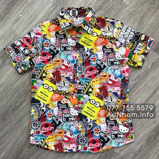 Áo đi biển, áo sơ mi đi biển nam nữ chất liệu cao cấp mềm mịn thoáng mát- Stickers, Minions, Hello Kitty