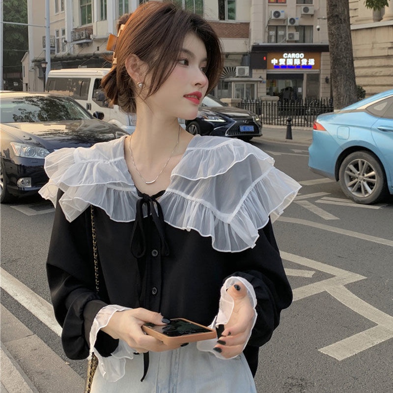 Áo Sơ Mi Tay Loe Cổ Búp Bê Thời Trang Hàn Quốc Dành Cho Nữ