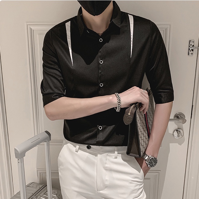 Áo sơ mi, Áo sơ mi tay lửng phối màu 2 bên nam tính, trẻ trung, bắt mắt ,hàng thiết kế cao cấp h46