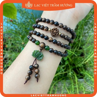 Vòng Tay Trầm Hương 108 Hạt Sánh Chìm Loại 1 Hoa Sen Trầm Đài Sen Xanh Ngọc