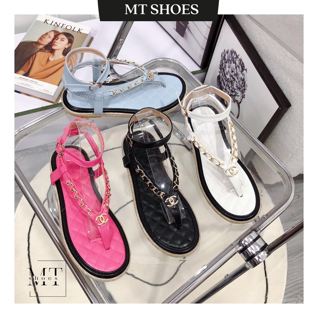 Sandal Hiền Hồ đế bệt viền cói phối xích mặt trần chỉ hàng cao cấp chất da chuẩn đẹp form siêu tôn chân - MT Shoes