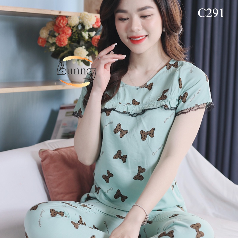 {BUNNY} ĐỒ BỘ NỮ, QUẦN ÁO NỮ MẶC NHÀ, SAU SINH THOẢI MÁI, KIỂU CỔ TRÒN HOẠ TIẾT NHẸ NHÀNG