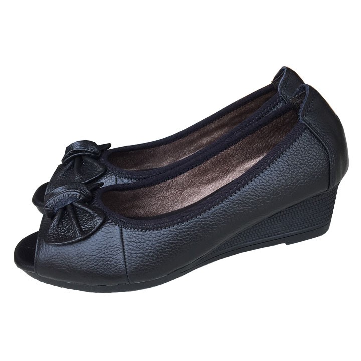 Giiày đế xuồng nữ  hở mũi 5cm màu đen da bò cao cấp đế cao su không trơn TH_DX049 DÉP CÓ SIZE LỚN