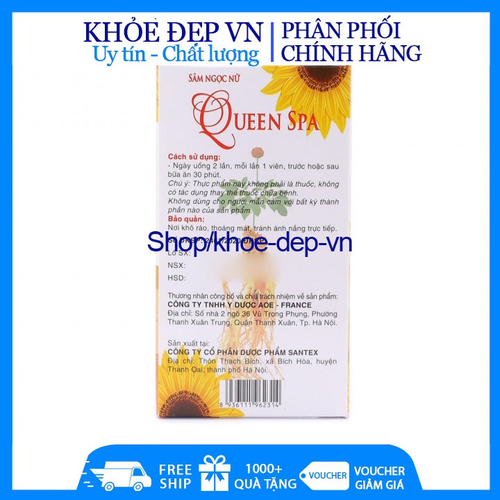 Viên uống đẹp da Sâm Ngọc Nữ QueenSpa bổ sung Collagen giúp đẹp da chống lão hóa giảm nám , sạm da - Chai 30 viên