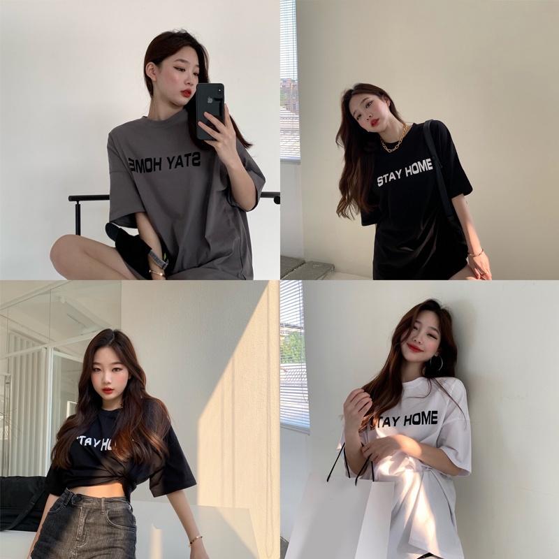 Áo thun cổ tròn tay ngắn form rộng cá tính hoạ tiết in chữ thời trang cho nữ