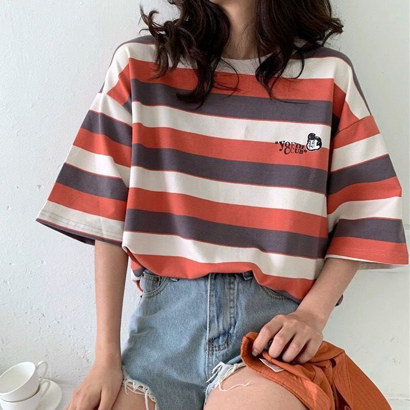 Áo thun nam nữ k99 áo phông unisex mặc được cho cẩ nam và nữ họa tiết kẻ ngang phong cách Hàn Quốc 2 màu cam, xanh.