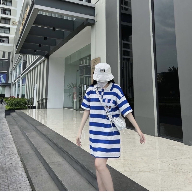 ĐẦM LEN KẺ NGANG MÀU XANH THÊU THỎ NỔI HÀNG QUẢNG CHÂU - QYNSTORE