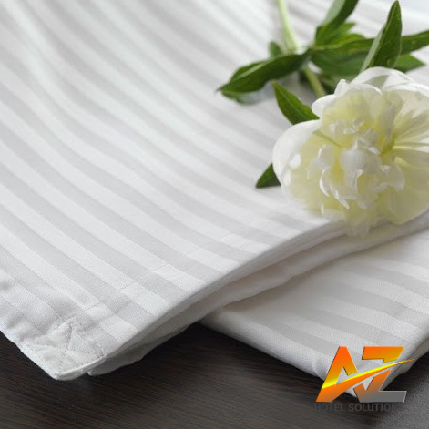 Ga giường trắng kẻ 3cm vải poly nhà nghỉ khách sạn villa homestay