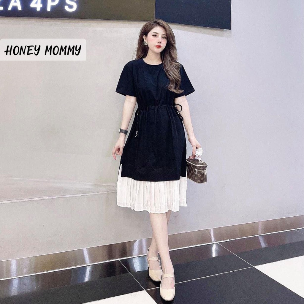 Váy Bầu Mùa Hè Cộc Tay Chất Thun Cotton Dây Rút Eo Phối Chân Váy Trắng HD2632 Honey Mommy Đầm Bầu Công Sở Đi Làm Đi Chơi