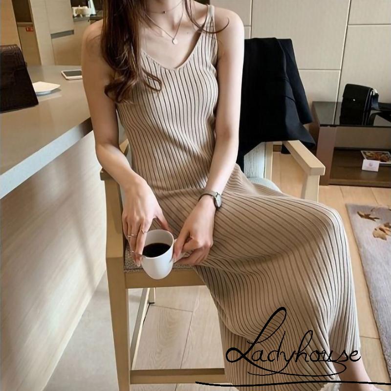 Đầm midi dệt kim hai dây cổ chữ V màu trơn co giãn màu đen/cà phê phong cách đường phố cho nữ