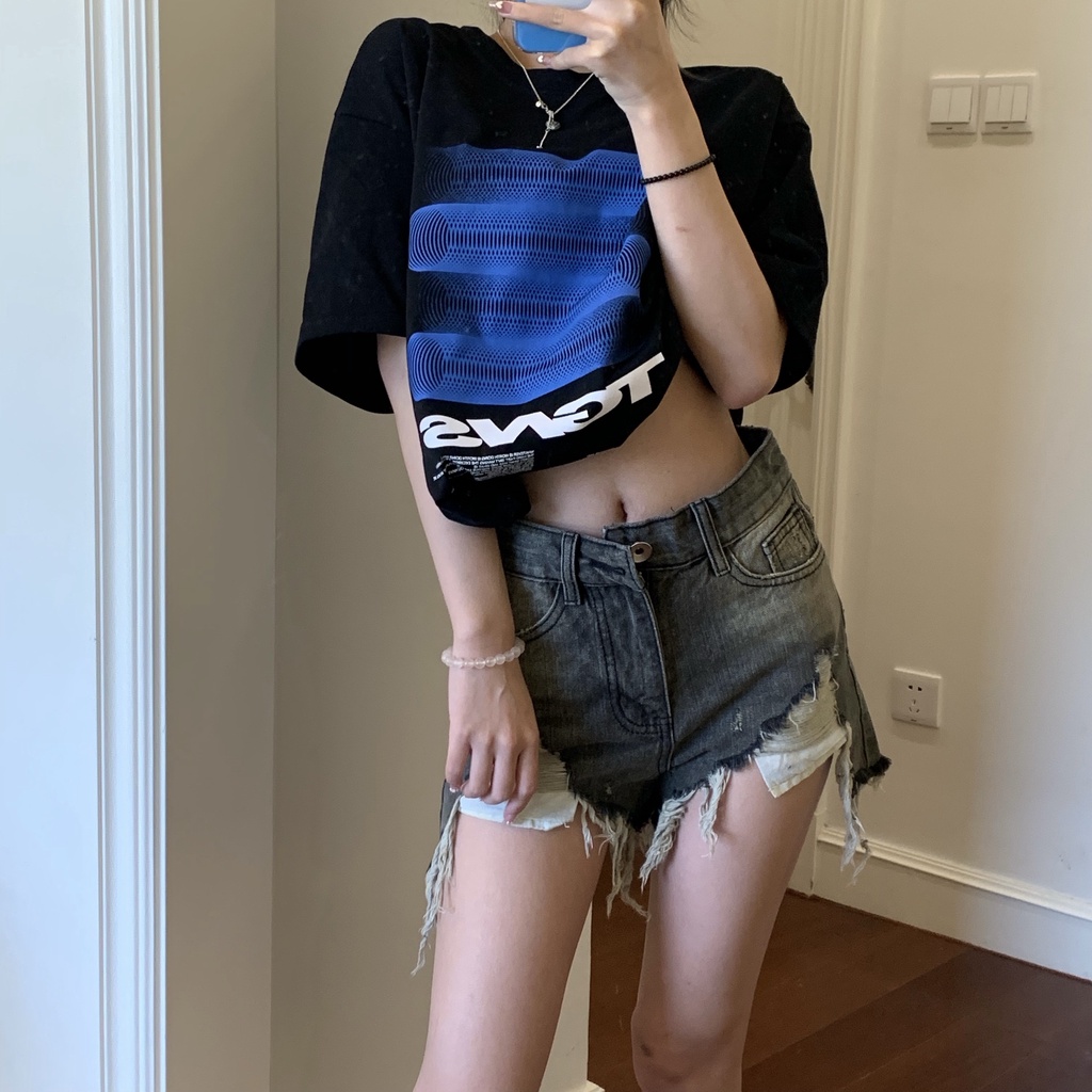 Kumikumi HUANG YOYO Quần Short Jeans Rách Viền Rách Thời Trang Cho Nữ