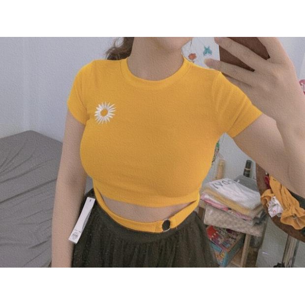 Áo Croptop Thêu Hoa Cúc Phối Khoen Eo Borip Thun Gân Nữ Cá Tính Màu Tím/Đen/Trắng/Vàng DRACR15 Mys Unicorn Fashion | BigBuy360 - bigbuy360.vn