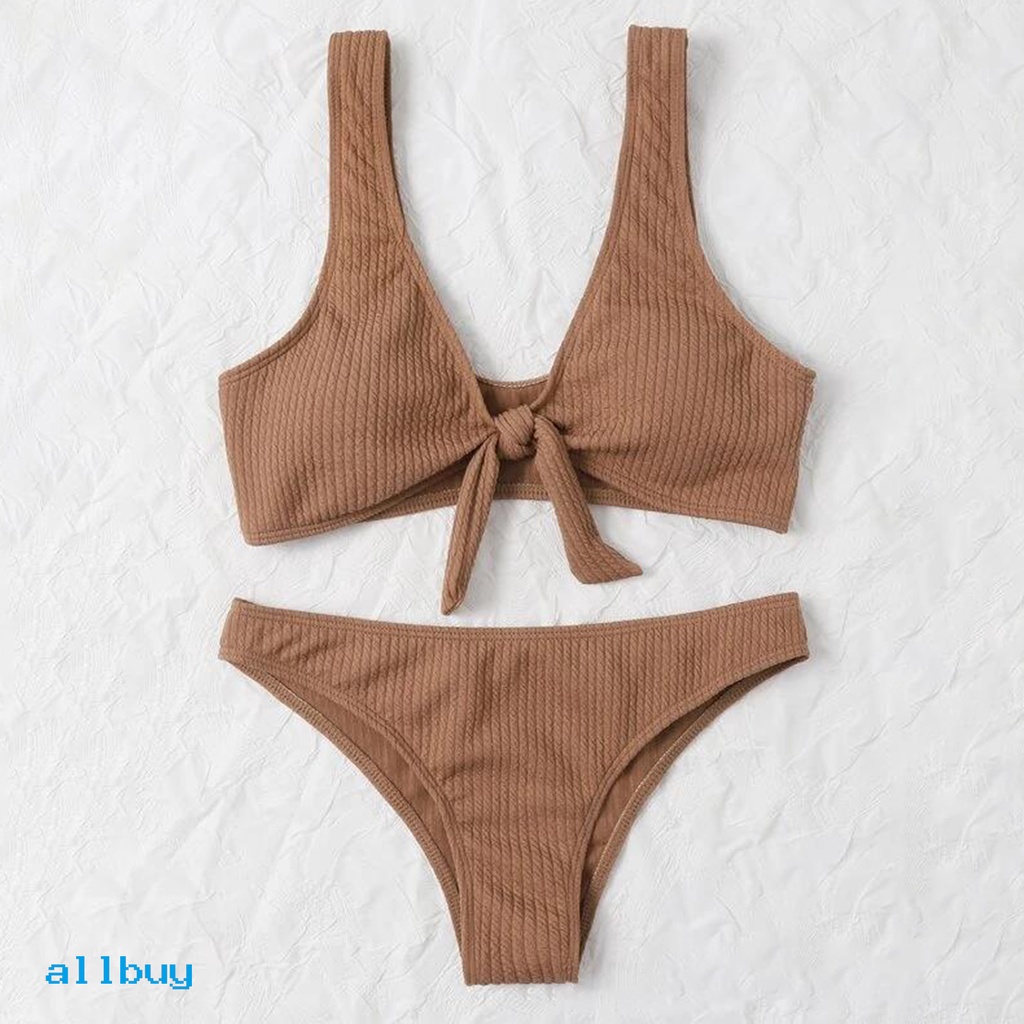 Bộ Đồ Bơi Bikini Hai Mảnh Trễ Vai Co Giãn Màu Trơn Đính Nơ Dành Cho Nữ