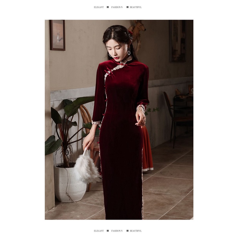 Đầm Sườn Xám Cách Tân Vải Nhung Phong Cách Trung Hoa Thời Trang Mùa Thu Mới 2022