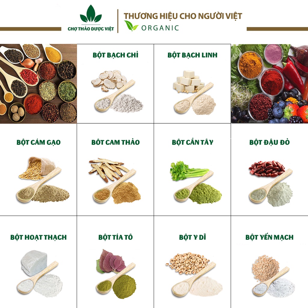 Set 10 loại bột dưỡng trắng da (Bột hữu cơ, dưỡng da, mờ thâm, se khít lỗ chân lông, chống lão hóa) - Chợ Thảo Dược Việt