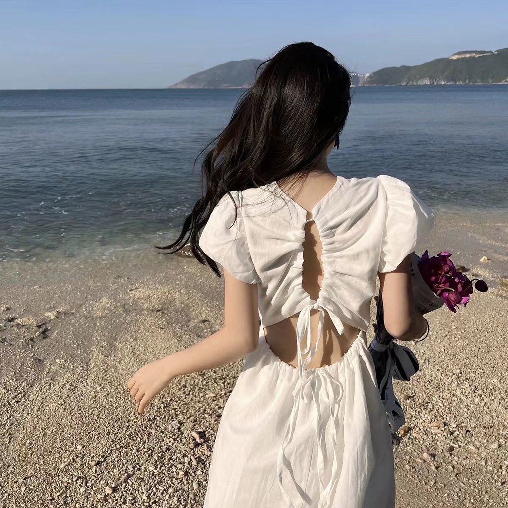 Đầm Hai Dây Dáng Dài Lưng Cao Màu Trơn Kiểu Retro Pháp Thời Trang Mùa Hè