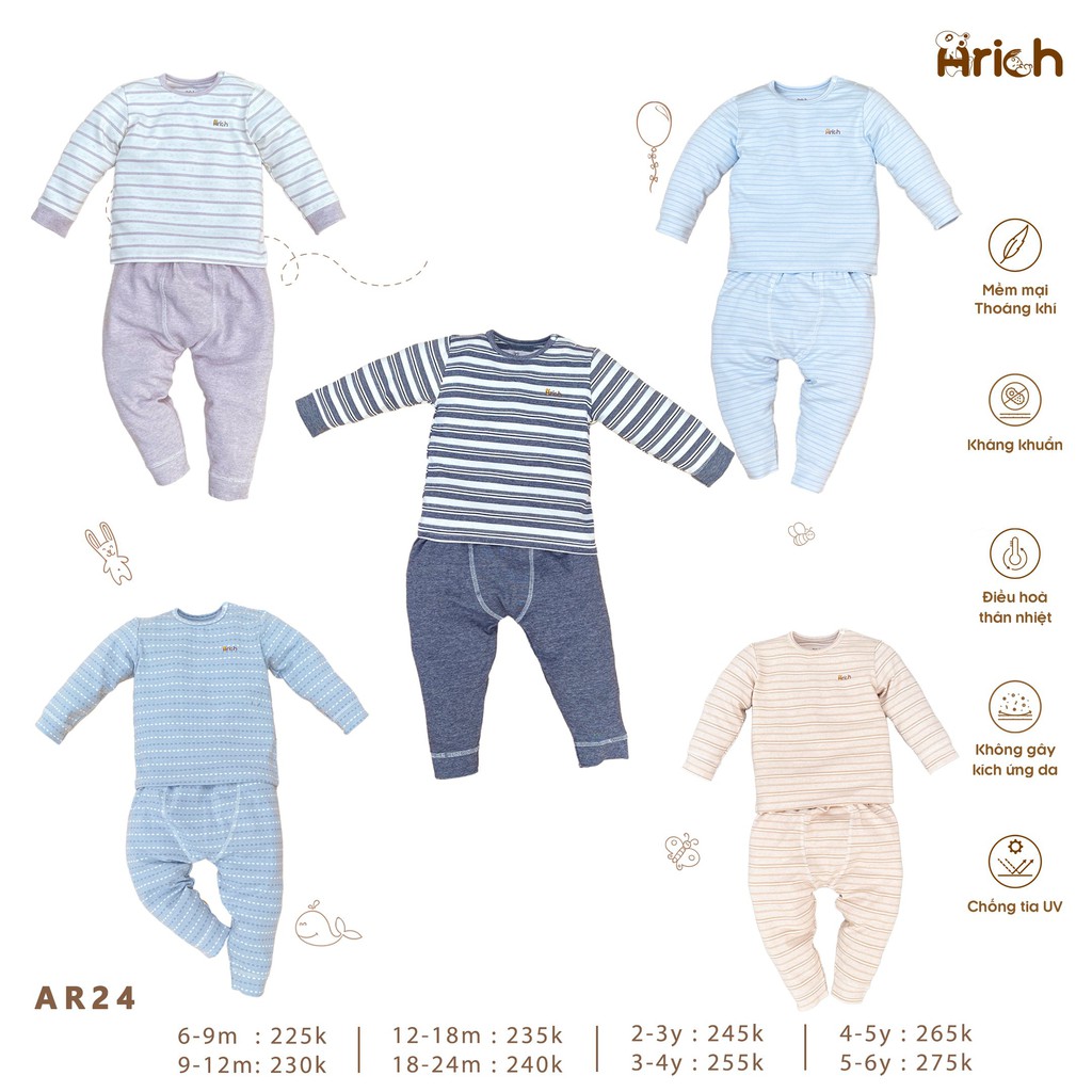 Bộ quần áo thu đông kẻ sọc sợi tre Arich (6-9 tháng đến 5-6 tuổi)