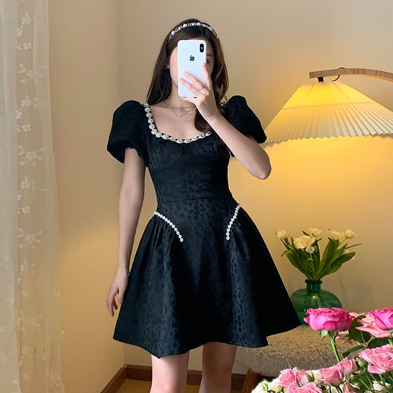 Cổ Phiếu Sẵn Sàng❣Ah F &amp; X Đầm Tay Phồng Đính Đá Phong Cách Preppy Mùa Hè 2022 Mới Cho Nữ