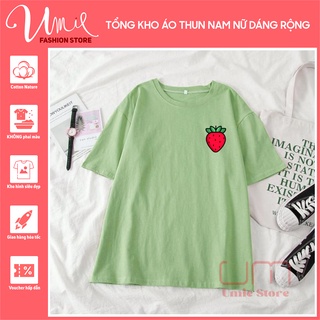 Áo Thun Tay Lỡ Form Rộng Unisex cho Nam Và Nữ Màu Xanh Vỏ Đậu In Hình Dâu Tây