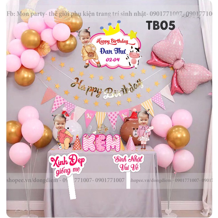 Combo trang trí sinh nhật cho bé trai bé gái kèm set bóng trang trí sinh nhật phông bạt và hình chibi, bảng tên