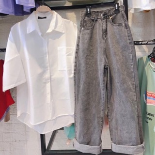 🔅set baggy ống suông xám + sơ mi tay lỡ