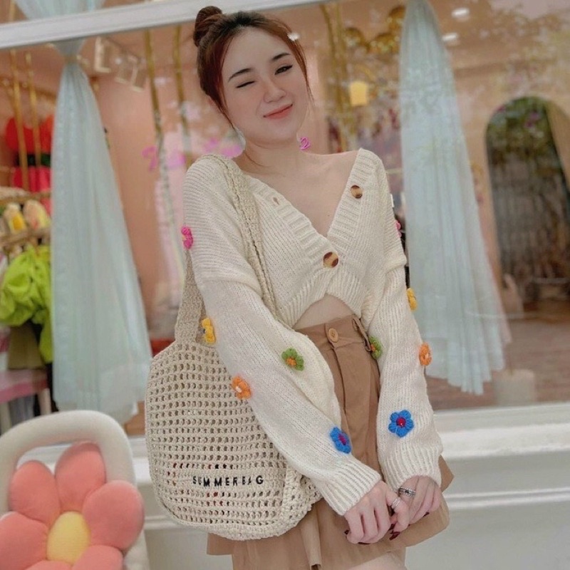Áo cadigan crotop hoạ tiết hoa xinh xắn chất len mỏng mịn freesize boong_clothing