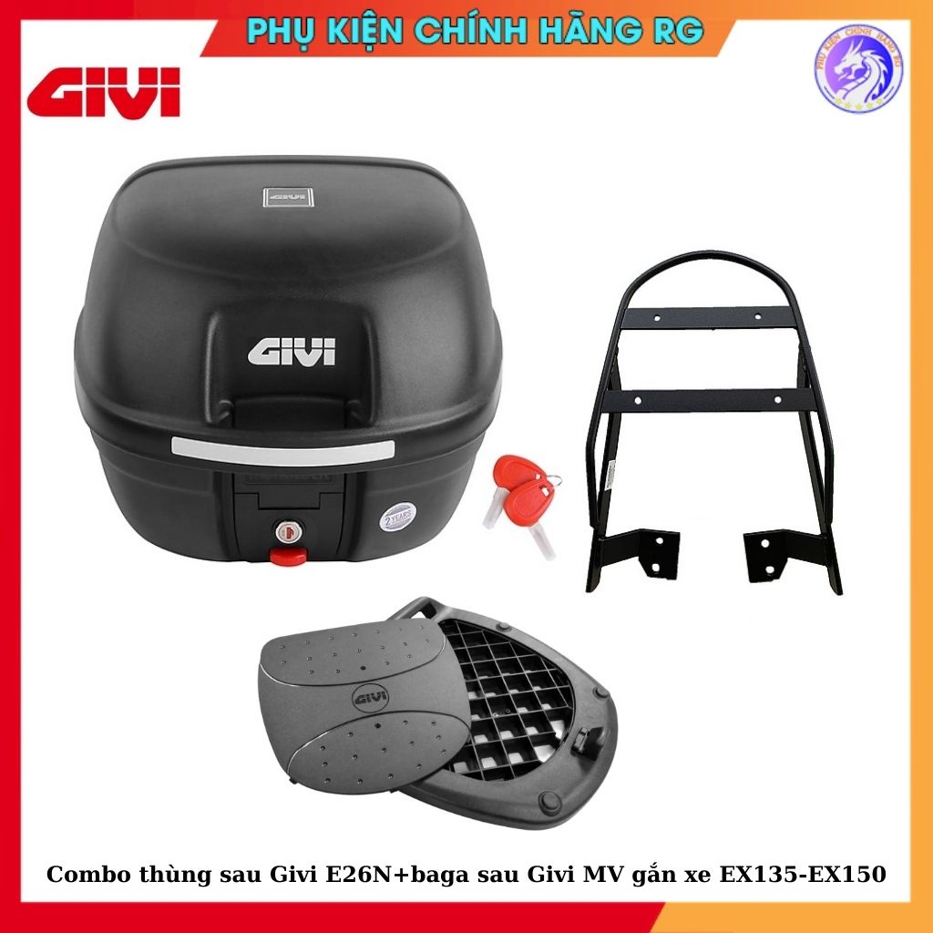 Combo thùng Givi E26N và baga sau Givi MV gắn cho xe Exciter135 - Exciter150 hàng chính hãng bảo hành 2 năm