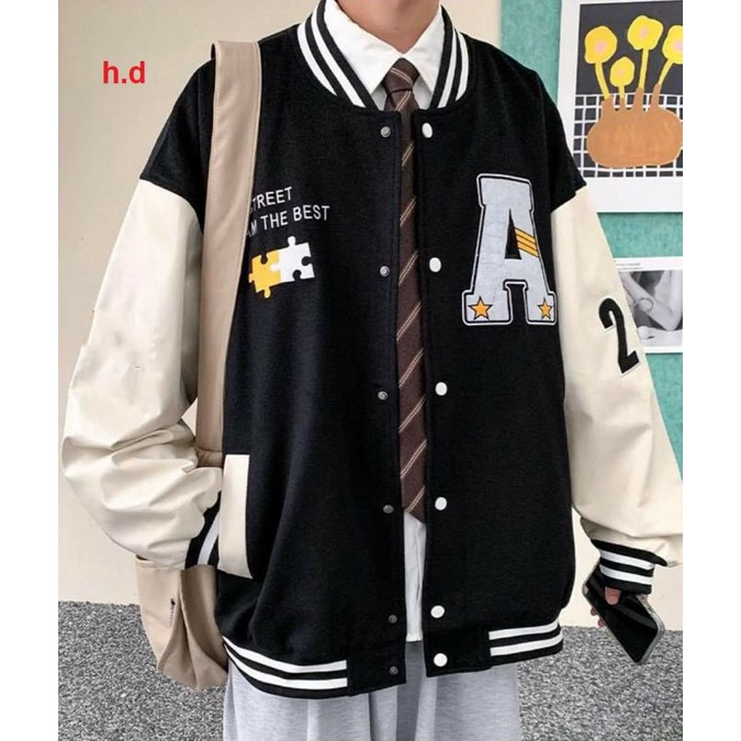 Áo Khoác Bomber A SAO cúc bấm nam nữJacket Unisex Chất nỉ vs gió Form &lt;55kgÁo Bóng Chày Phong cách Thể thao