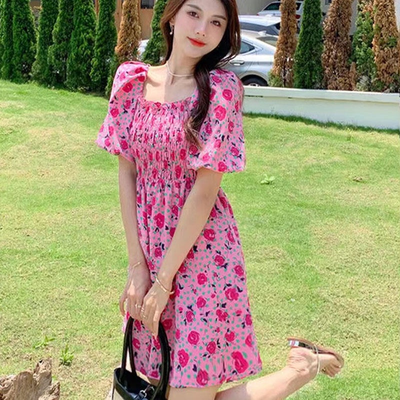 Đầm YEYA tay phồng cổ vuông in họa tiết hoa size lớn thời trang mùa hè xinh xắn dành cho nữ