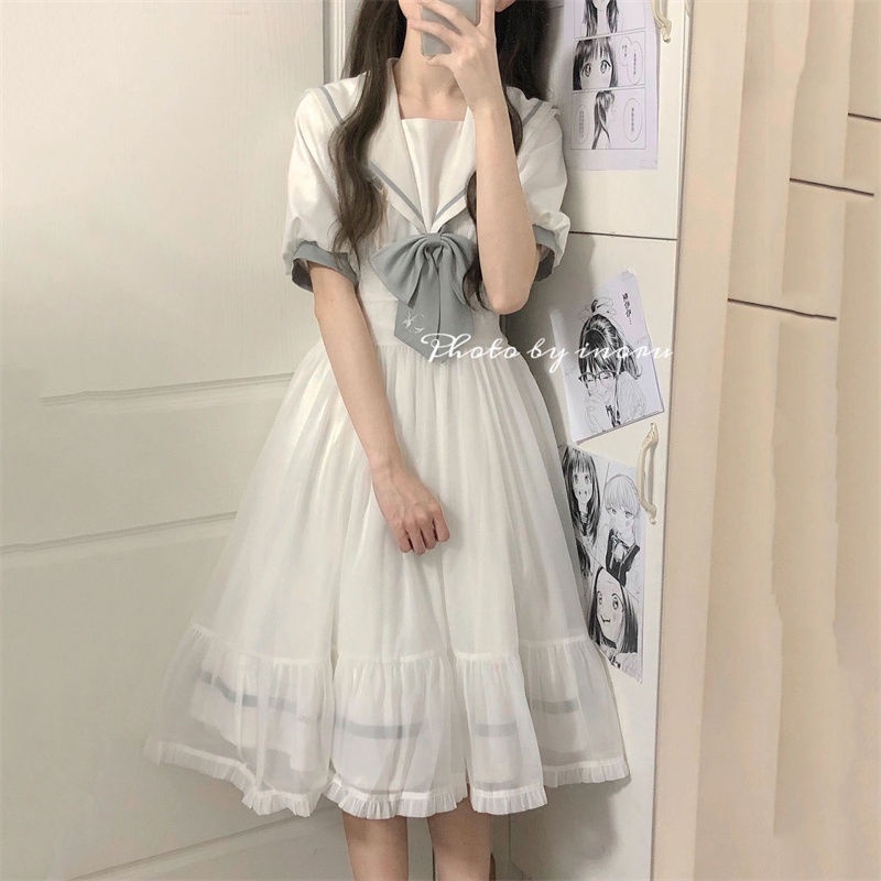 Váy nữ xinh xắn Đầm Chữ a Dài Ngang Gối Phối Lưới Cổ Thủy Thủ Thắt Nơ Mềm Mại Phong Cách Preppy Nhật Bản Ngọt Ngào Mùa Hè Cho Nữ váy babydoll