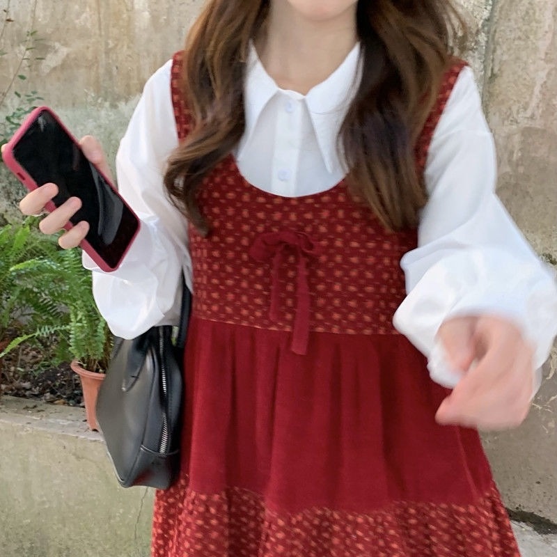 Đầm Yếm Hai Mảnh Màu Đỏ Phong Cách Giáng Sinh Retro Thời Trang Thu Đông Cho Nữ