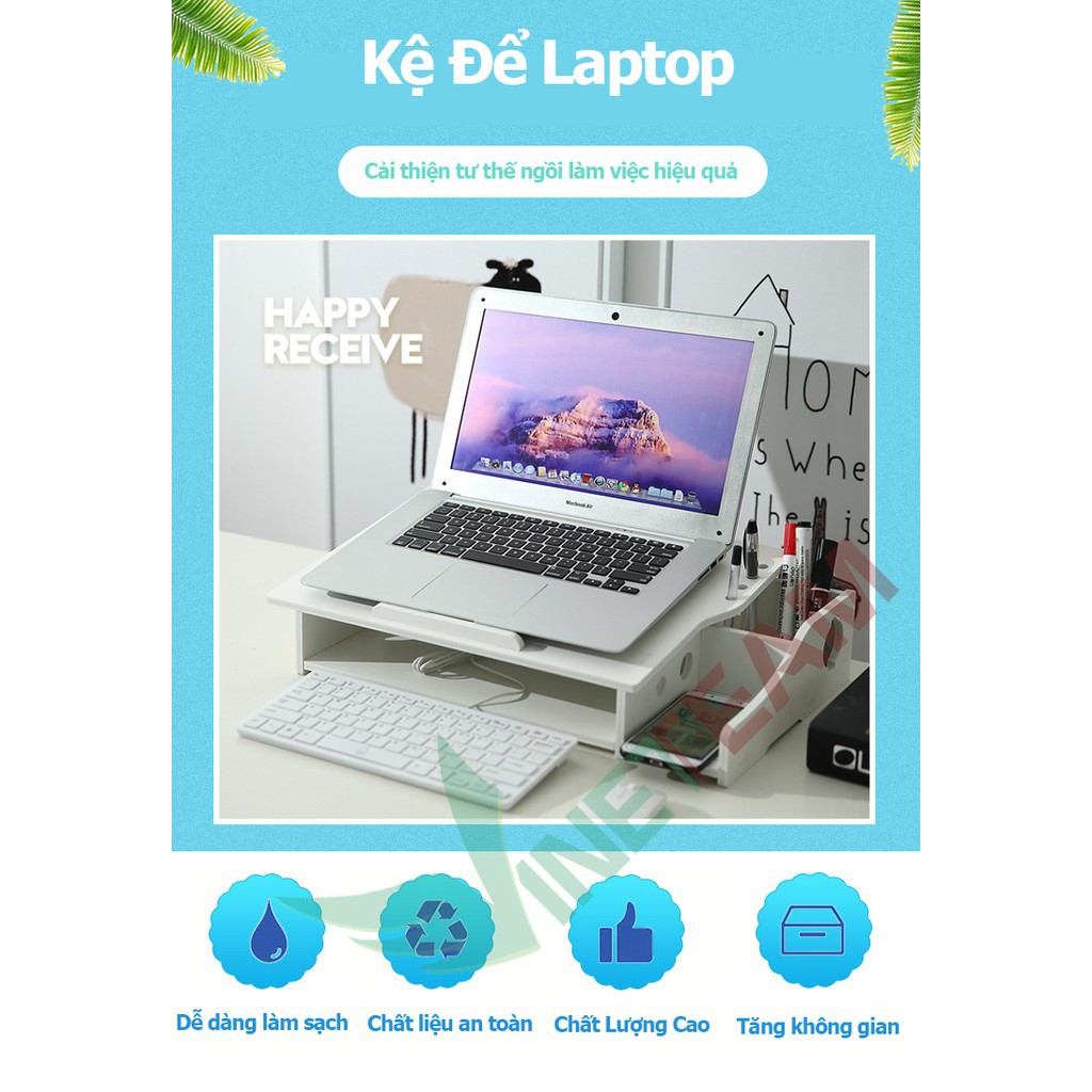 Bàn kê màn hình máy tính, Laptop đa năng bằng gỗ ghép tiện dung nghiêng 8 độ tản nhiệt cao cấp (Trắn