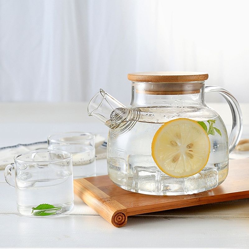 Bình, Ấm Trà Thủy Tinh Đun Nước Detox Lọc Trà Chịu Nhiệt Nắp Gỗ 1L