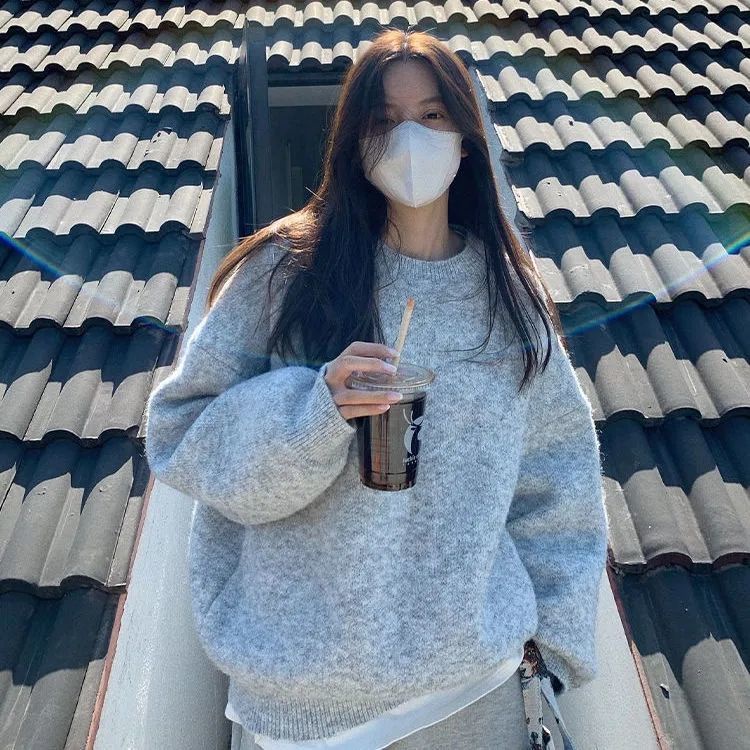 Lil CHER Áo Sweater Dệt Kim Chui Đầu Dáng Rộng Dày Dặn Màu Xám Phong Cách Hàn Quốc Thời Trang Thu Đông Thường