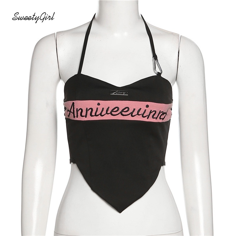 Áo Tank Top Hai Dây Hở Lưng Ôm Dáng Thêu Chữ Màu Sắc Tương Phản Quyến Rũ Cho Nữ