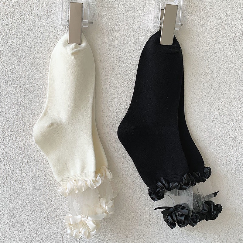 Set 3 Đôi Vớ Ống Lửng Bằng Da Phối Ren Mỏng Màu Đen Đính Nơ Thời Trang Mùa Hè Cho Nữ