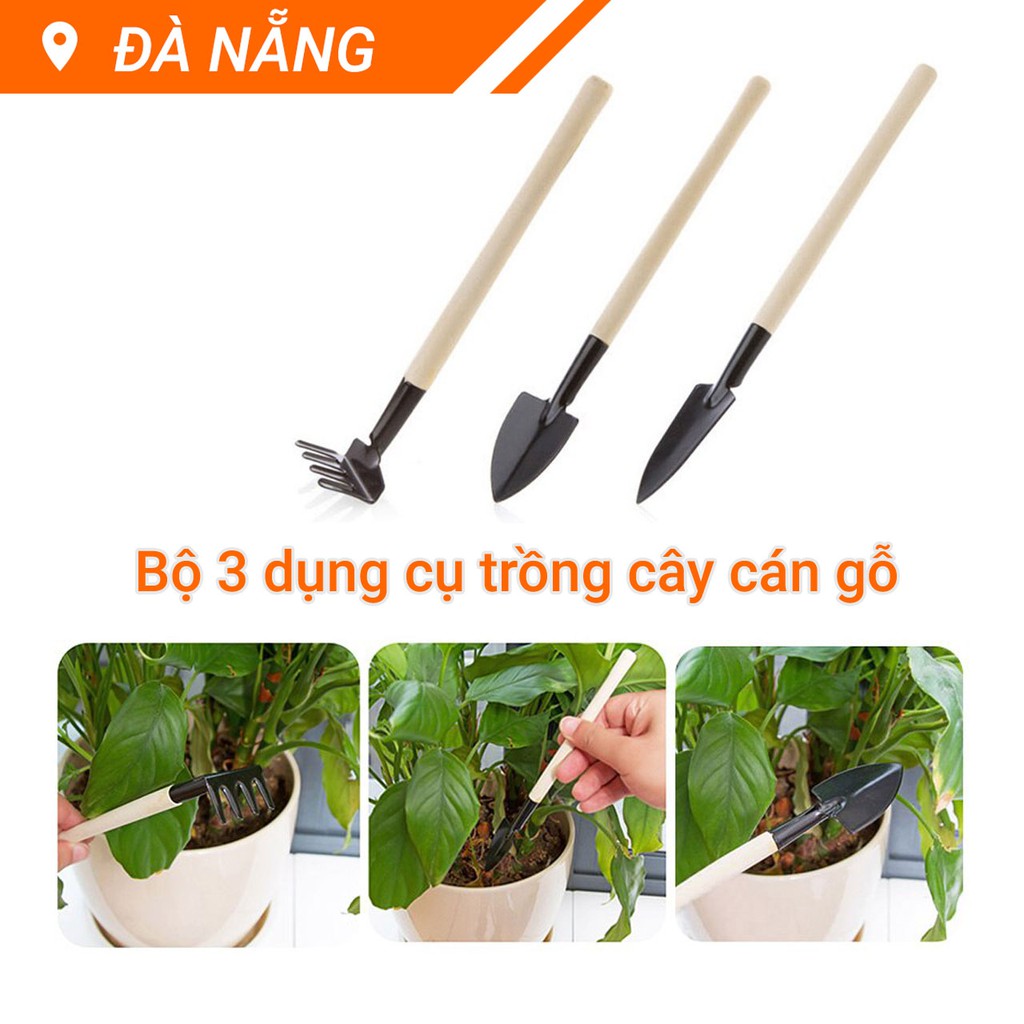 Bộ 3 dụng cụ trồng cây, xẻng làm bườn mini cán gỗ