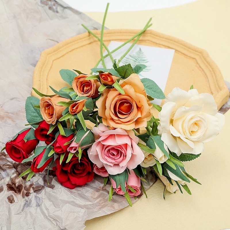 1 Nhánh 5 Bông Hoa Hồng Nhân Tạo Bằng Lụa Cho Trang Trí