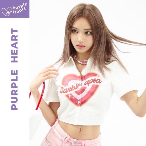Crop Shirt - Áo sơ mi tay ngắn croptop họa tiết trái tim cho nữ Purpleheart