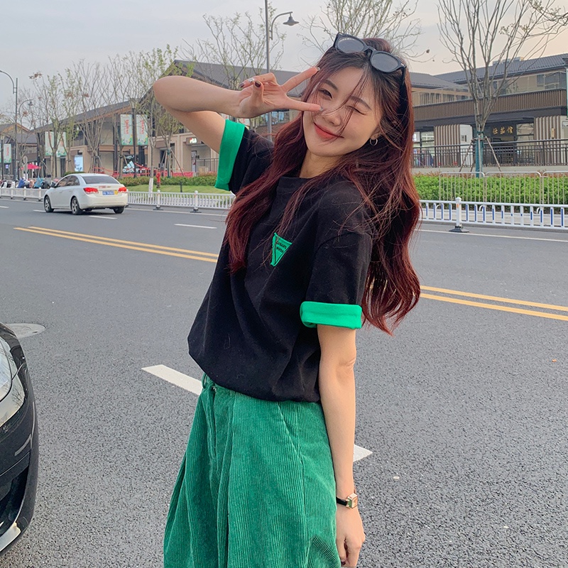 SUXI Áo Thun Cotton Cổ Tròn Tay Ngắn Dáng Rộng In Chữ Phối Màu Tương Phản Thời Trang Mùa Hè Cho Nữ