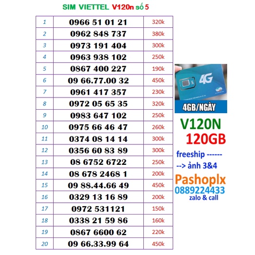 Sim Viettel v120n số đẹp 5 120gb data (2gb x 30 ngày), gọi miễn phí