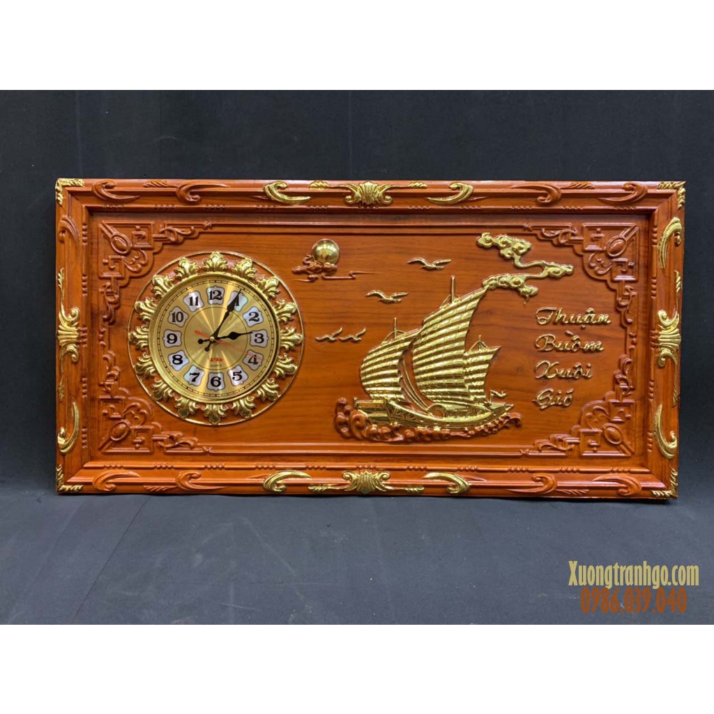 Đồng Hồ Gỗ Hương Đỏ Nam Phi Khung Đục Nguyên Tấm Dát Vàng