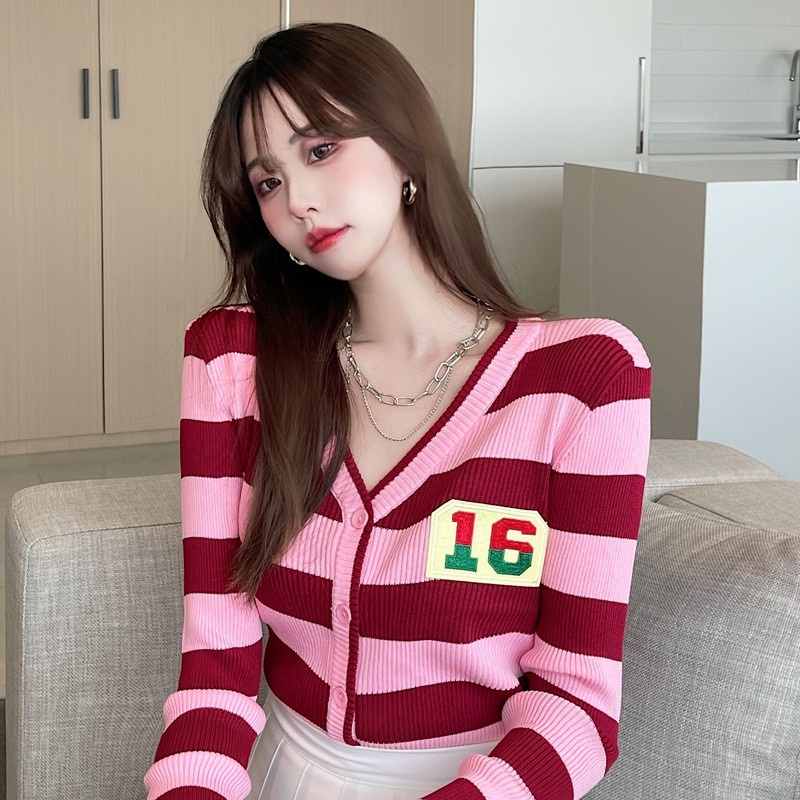 Áo Khoác Cardigan Dệt Kim Cổ Chữ V Dáng Rộng Kẻ Sọc Xinh Xắn