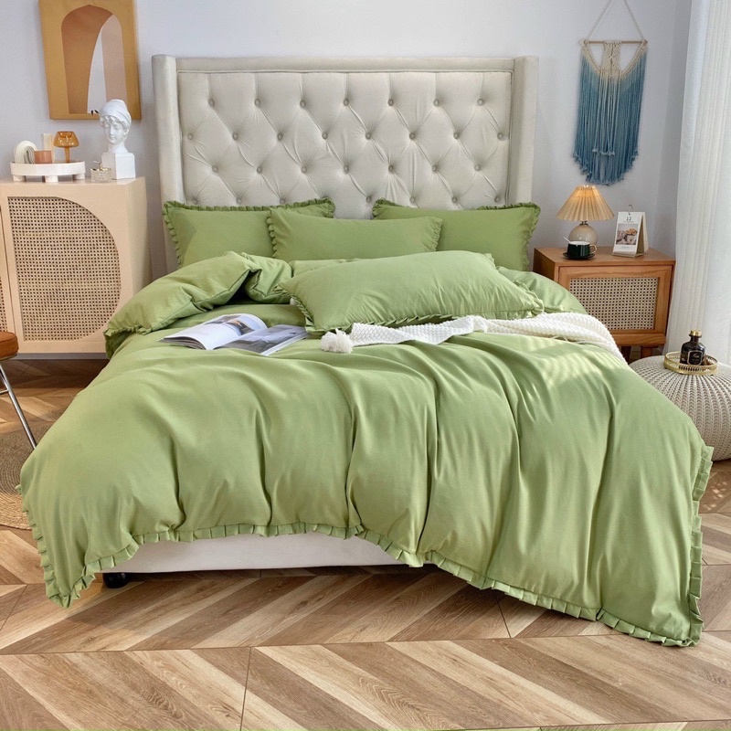 Bộ Chăn Ga Gối Cotton Tici Viền Bèo - Xanh Nõn